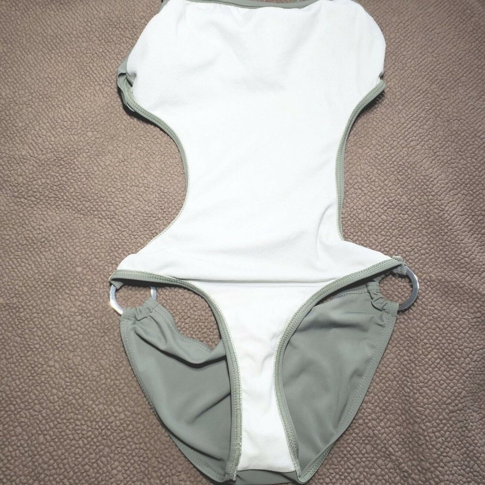Seafolly Australia Swimsuit Size US 6 / AU 10 Grey Green Cutout Ruffle One Piece - Picture 9 of 11